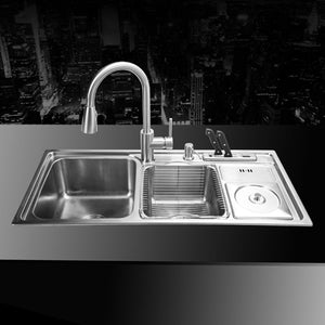 (910*430*210mm) 304 Stainless Steel Kitchen Sink Brushed Vessel Set With Faucet Double Sinks Undermount Kitchen Washing Vanity